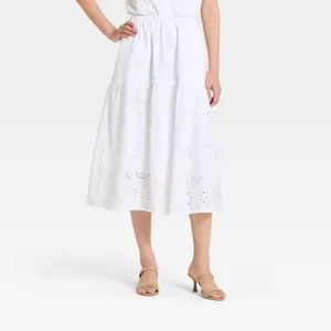 Women's Tiered Eyelet Midi Skirt - A New Day White M