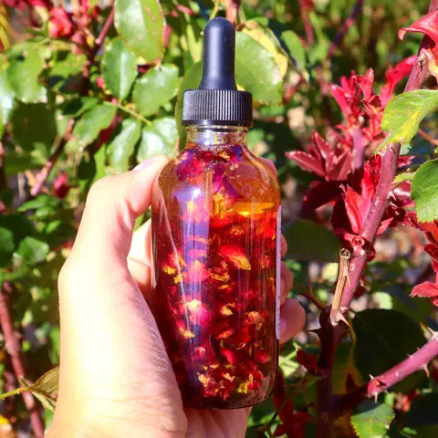 Handcrafted Organic Rose Vegan 4 fl oz Bottled Hair + Body Oil - Avocado & Sweet Almond Blend with Vitamins, Hydrating, Anti-Aging, Artificial Color-Free, Gentle Multi-Use Moisturizer for Adults' Aromatherapy