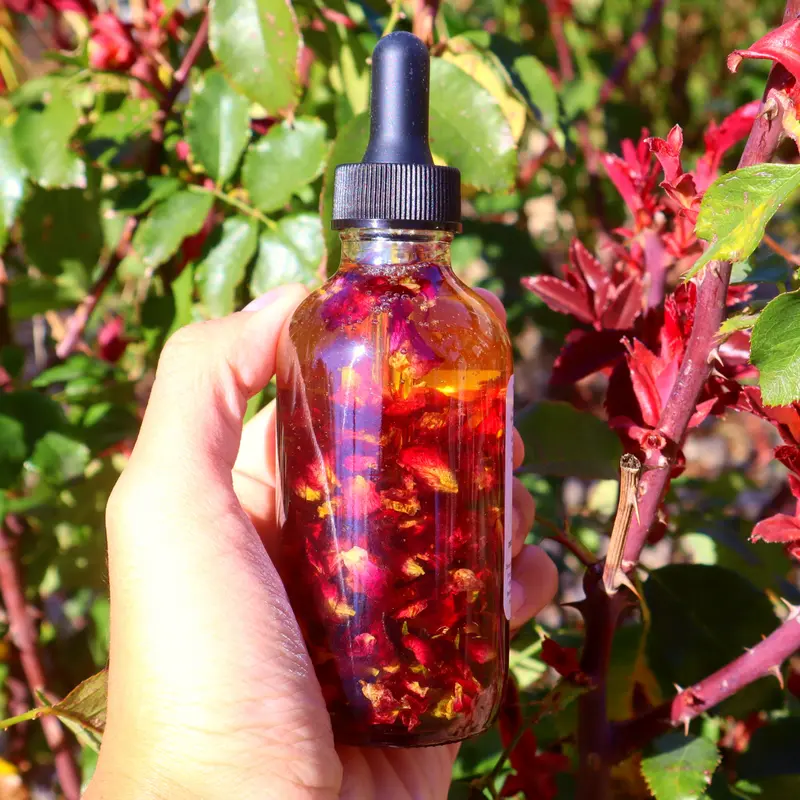 Handcrafted Organic Rose Vegan 4 fl oz Bottled Hair + Body Oil - Avocado & Sweet Almond Blend with Vitamins, Hydrating, Anti-Aging, Artificial Color-Free, Gentle Multi-Use Moisturizer for Adults' Aromatherapy