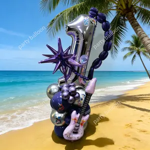 28-Piece Silver Color Number Balloons Set (1-9), Rock Music Theme Birthday Party Decorations, Includes Guitar & Star-Shaped Aluminum Foil Balloons