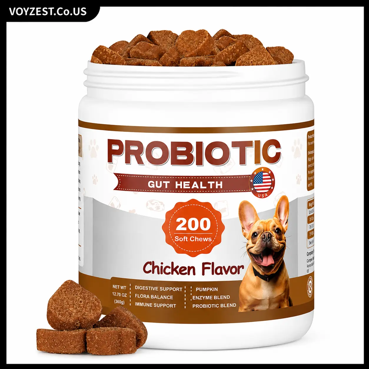 Dog Probiotic Supplement, 200 Soft Chews with 6.84B CFUs Multi-Strain Probiotics & Digestive Enzymes, Supports Healthy Digestion, Gut Balance, Immune Function & Skin Coat, Chicken Flavor