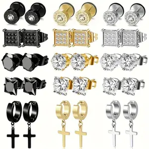 15 Pairs Stainless Steel Earrings for Men Inlaid Stud Cross Dangle Hinged CZ Earrings Stud Hypoallergenic Earrings Huggie Earrings Set for Women Men Ear Piercing Jewelry Set Black Steel Golden