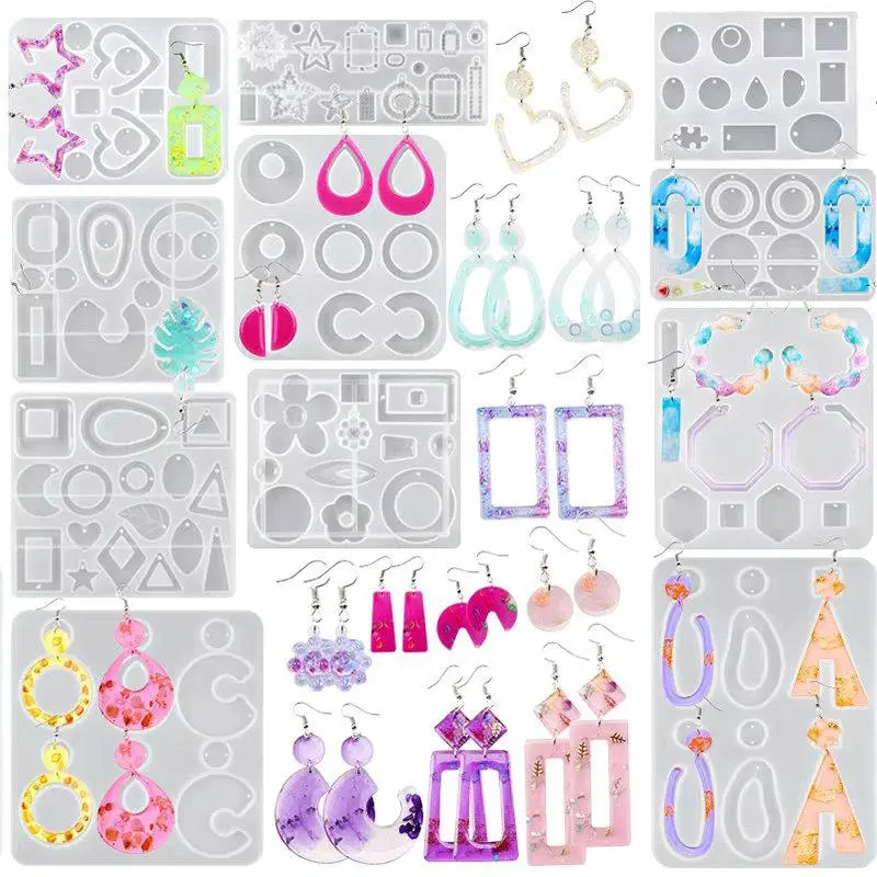 Earring Resin Molds Epoxy Resin Silicone Jewelry Mold with Hole Casting Molds in Various Shapes and Sizes for Earring Making DIY
