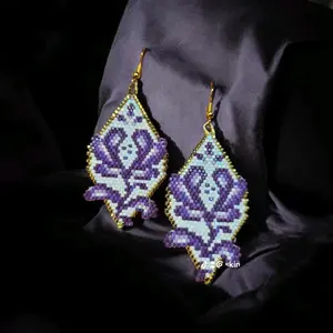 Gorgeous Handmade Beaded Floral Earrings with Purple and White Beads and Gold Accents