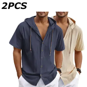 2-Pack Men’s Hooded Short-Sleeve Shirt Summer Casual Linen-Like Breathable Cardigan Top