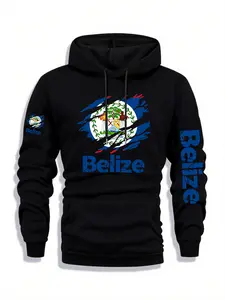 Men's Belize Print Zip Hoodie, Fall & Winter Casual Regular Fit Long Sleeve Hooded Sweatshirt, Fashion Daily Wear Clothing