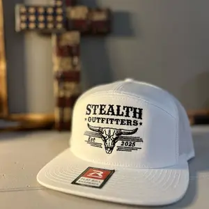 Stealth Outfitters White Trucker Hat Richardson 168 with Bull Skull Logo and Flat Bill Design