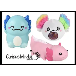 Axolotl Lover Bundle of 3 Fidgets -  Plush Squeeze  Stress Ball / Slow Rise Squish / Stretchy Sand Filled - Sensory, Stress, Fidget Toy