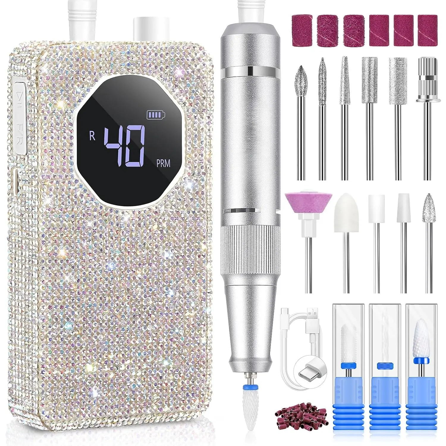 Professional Nail Drill 40000 RPM: Portable Electric Nail Drill Kit File Machine with Ceramic Nail Bits Sanding Bands for Acrylic Nail Gel Polish Manicure Salon Home Use for Gifts for Women, Glitter