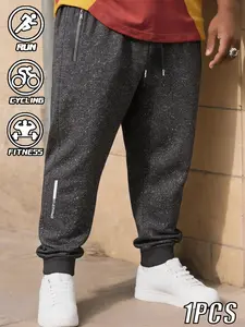 Large Size Men's Sporty Cuffed Sweatpants, Zip Pocket Design, Running Fitness High Elastic Breathable Casual Long Pants