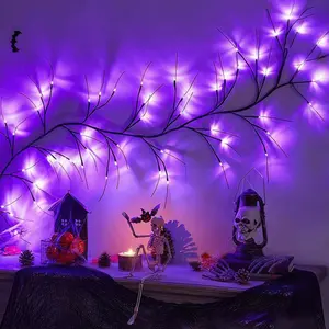 1.8M Purple 54 LED Artificial Willow Vine Light Bendable Branch Design 8 Lighting Modes for Bedroom Living Room Wall Fireplace Halloween Decoration Ghost Theme Party