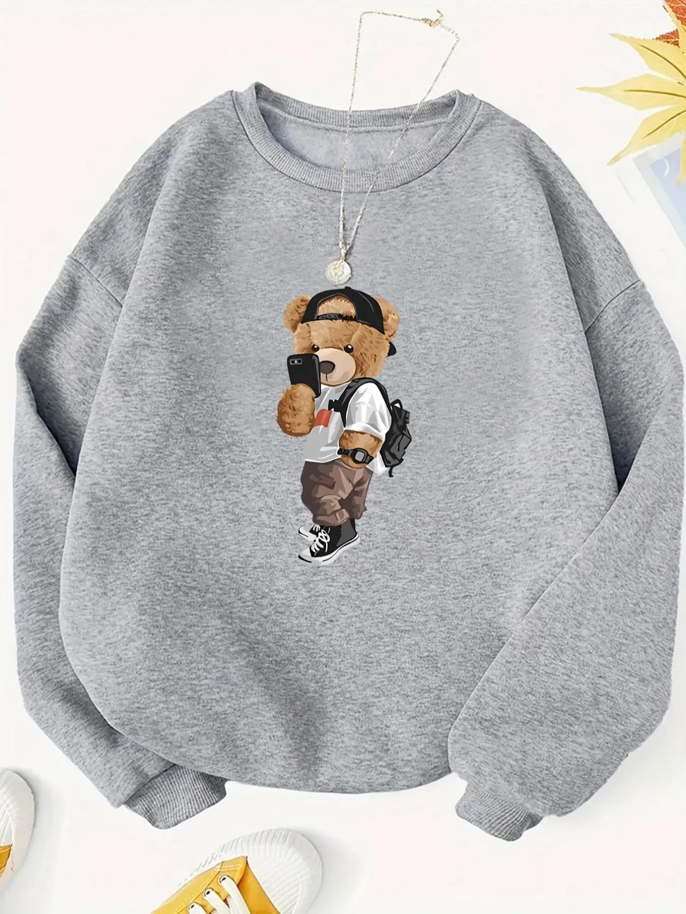 Women's Cartoon Bear Print Round Neck Thermal Lined Sweatshirt, Fashion Casual Drop Shoulder Pullover for Daily   Outdoor Wear, Women Clothing for Fall & Winter