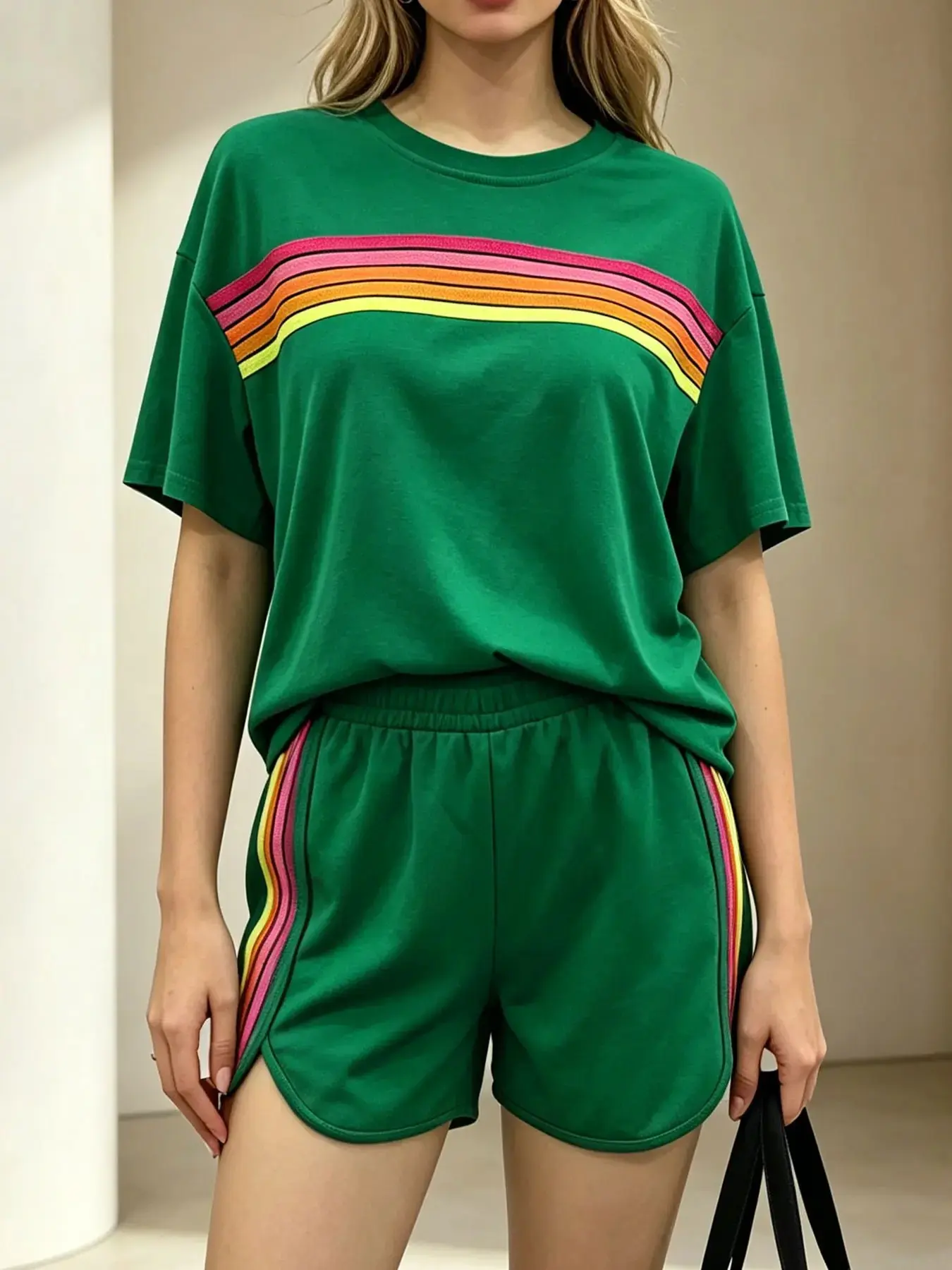 Two-piece Women's Casual Fashion Loose Summer Two-piece Set, Womenswear, Rainbow Striped Design, Perfect for Vacations, Indoor and Outdoor Wear