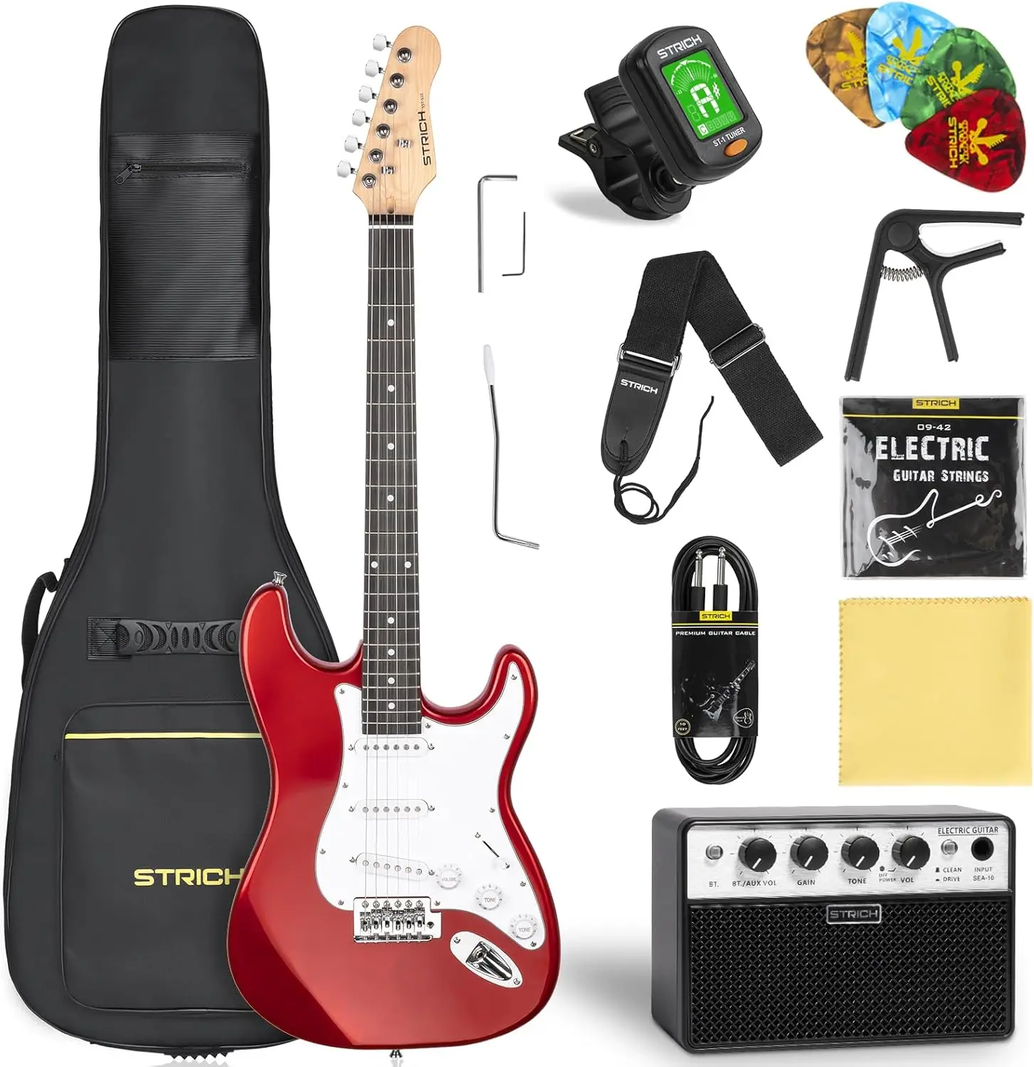 STRICH 39" Full Size Solid Body Electric Guitar Beginner Kit with SSS Pickups, 5W x 2 Amplifiers, Bag, Digital Tuner, Capo, Strap, Strings, Cable, Picks, Guitar Chord Trainer - SST-S10 Metal Red