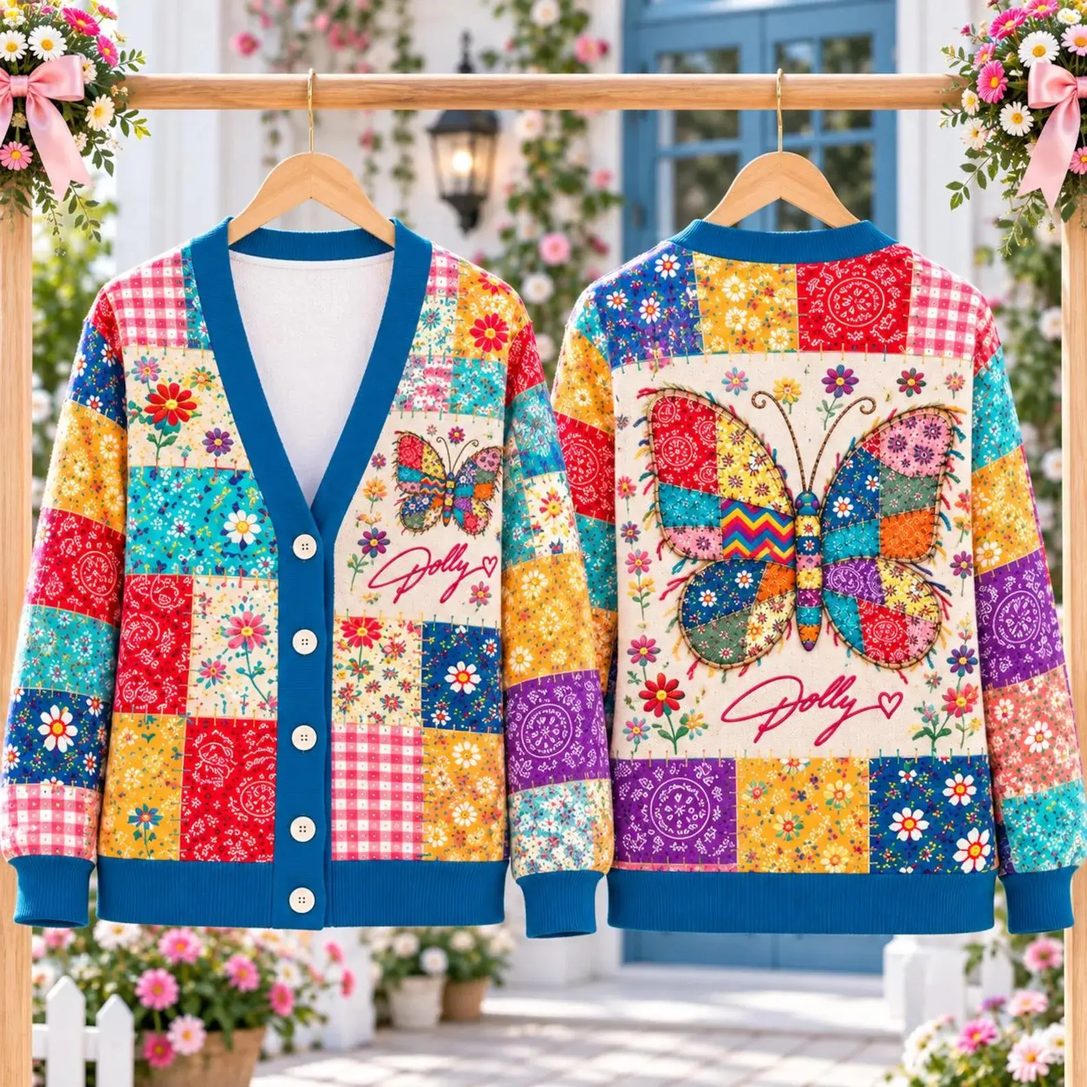 Dolly Coat Of Many Colors Inspired Knitted Cardigan, Colorful Patchwork Butterfly Floral Sweater, Western Cowgirl Top, Country Music Fan Gifts