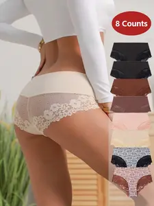 Women's Lace Patchwork Hollow Out Floral Design Panties, Leopard Print Comfortable All-Season Underwear, Pack of 8