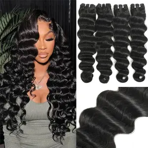 Karlami Loose Deep Wave Human Hair Bundles 100% Unprocessed 12A Brazilian Virgin Remy Hair Extension Natural Black Color for Women Soft and Full No Tangle and Shedding