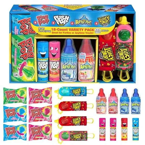Candy Variety Pack, 18 Count Assorted Lollipops, Bulk Individually Wrapped Ring Pop, Push Pop, Baby Bottle Pop & Juicy Drop, Ideal for Birthdays, Party Favors for Kids & Hard Candy Gifts