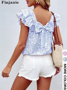 Plus Size Floral Blouse Top with Back Bow Design, Frill Sleeve, Fresh Farmhouse Style, Sweet Youthful Look, Perfect for Everyday Wear and Vacation, Womenswear
