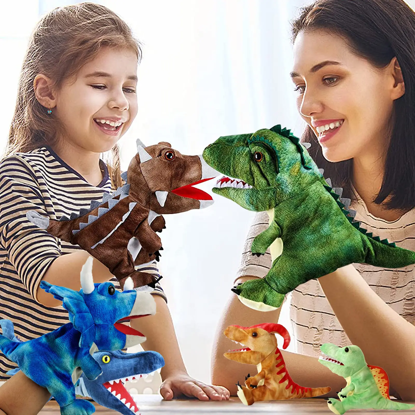 Dinosaur Hand Puppets Interactive Toy 11.8 Inch Plush Stuffed Animals with Open Movable Mouth, Stuffed Animal Puppets Interactive Toy Storytelling Gif