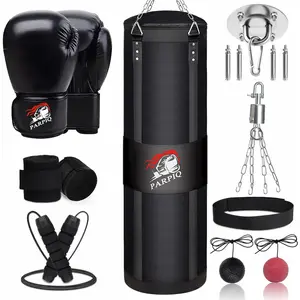4FT Hanging Punching Bag for Adults, Unfilled Canvas Heavy Boxing Bag Set with 12oz Boxing Gloves Hand Wraps, Jump Rope, Reflex Ball for MMA Kickboxing Muay Thai Training Home