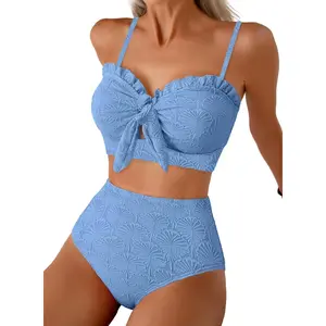 Women's Seashell Textured Bikini Sets Knotted Front 2 Piece Swimsuits Ruffle Trim Bathing Suits