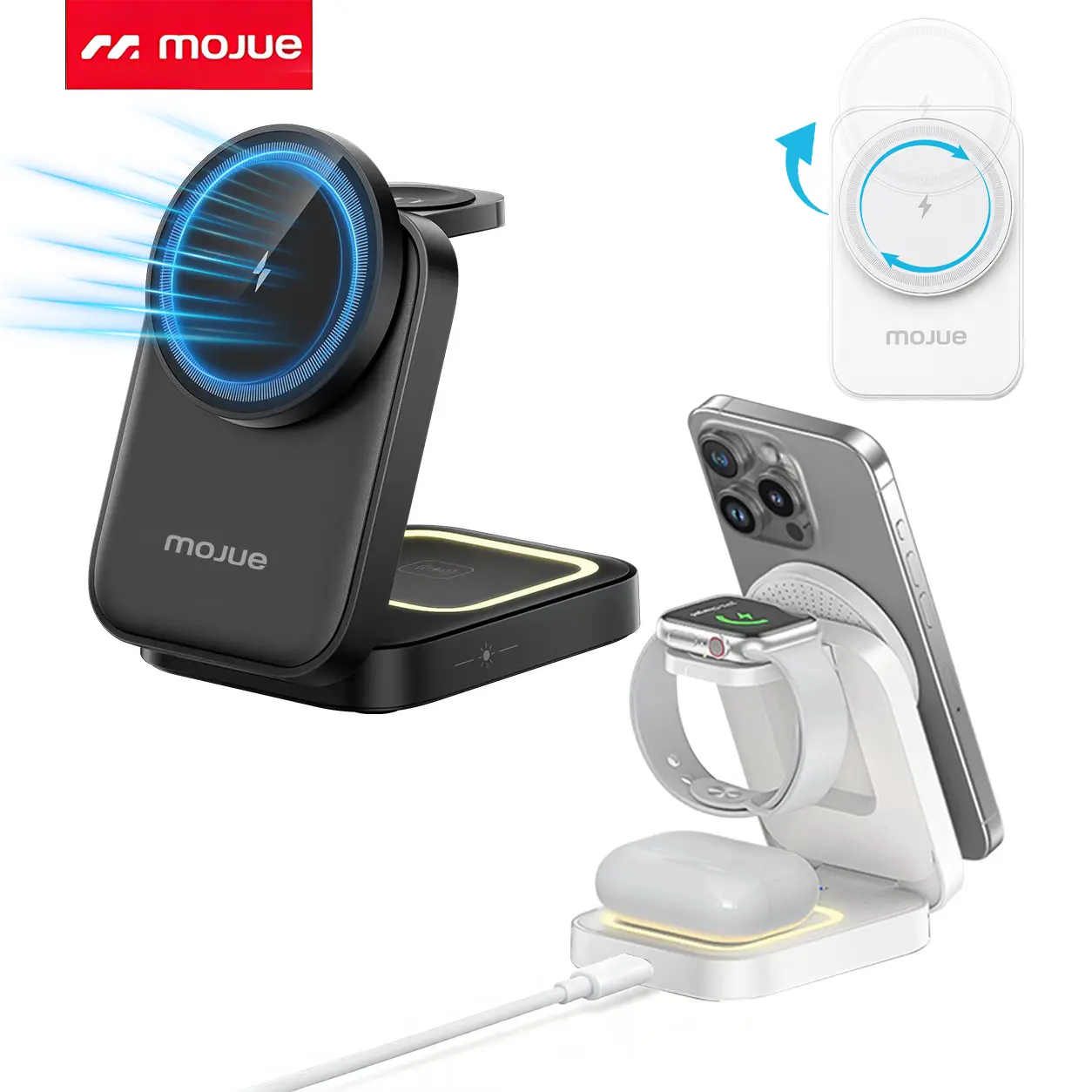 MOJUE Foldable 3in1 Charging Station for Magsafe, Travel Phone and Watch Charger for Apple, PD20W Wireless Charging Dock for Multiple Devices iPhone 17 16 15 14 13 12 Series & Samsung Series/Apple Watch/Airpods