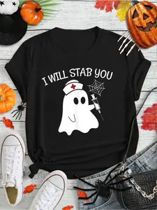100% Cotton I Will Stab You Ghost Nurse Funny Halloween Apparel Item T-Shirt Print Round Neck Short Sleeve Streetwear Fashion Breathable Homme Soft Unisex Designer Clothes For Women Casual Clothes
