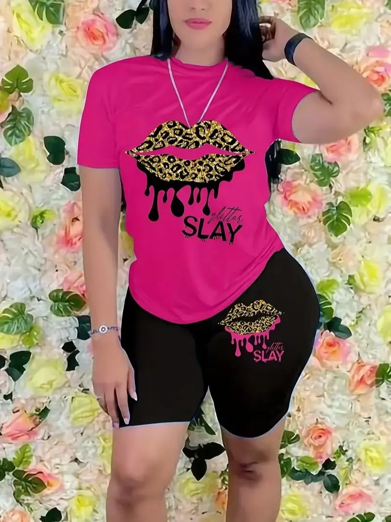 Women's 2-Piece Elegant Casual Suit - Round Neck Short-Sleeve Top, Cartoon Letter Print, Fitted Bottoms, Breathable Fabric for Spring,Summer, Shortsleeve, Woman 2 Piece Set, Knit, Women 2 Piece Sets