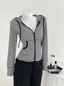 Spring Fall Striped Long Sleeve Zip Up Hoodie Women | Ribbed Knit Slim Fit Drawstring Hood | Y2K Clean Girl Casual Athleisure Top for Daily Yoga Gym Streetwear Womenswear