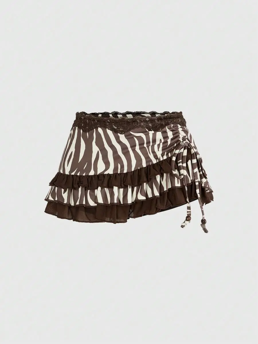 Hippie Autumn Break Party Golf Vintage Girlisim Low-Waist Leopard Print Floral Lace Trim Layered Ruffle Tie Bow Mini Skirt Pastal