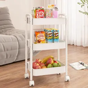 Pink Rolling Storage Trolley – 3-Tier Metal Organizer with Lockable Casters for Office, Kitchen, Bathroom & Dorm Use – Large Capacity for Supplies, Makeup, Crafts