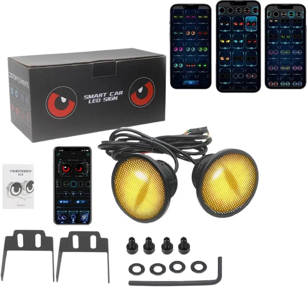 DIBMS 2Pcs 12V LED Dynamic Devil Eyes Car Headlight Kit, Decorative Foldable Color Changing Led Lights with Adjustable Pattern, APP Control, Car Accessories for Shops
