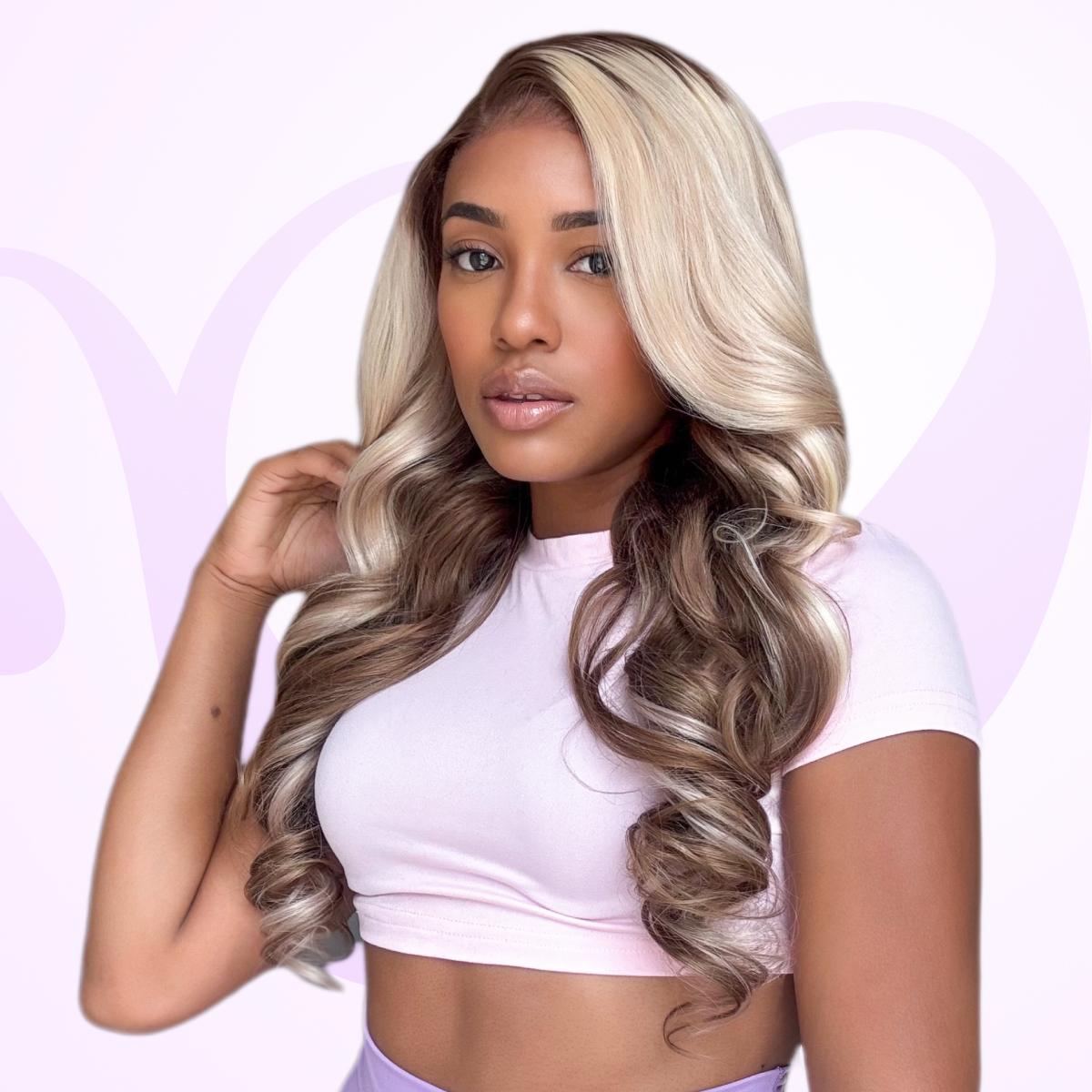 Megalook Pre-Cut 6x5 Lace Glueless Human Wigs Champagne and Brown Ombre Colored Loose Body Wave Lace Front Wigs for Begi