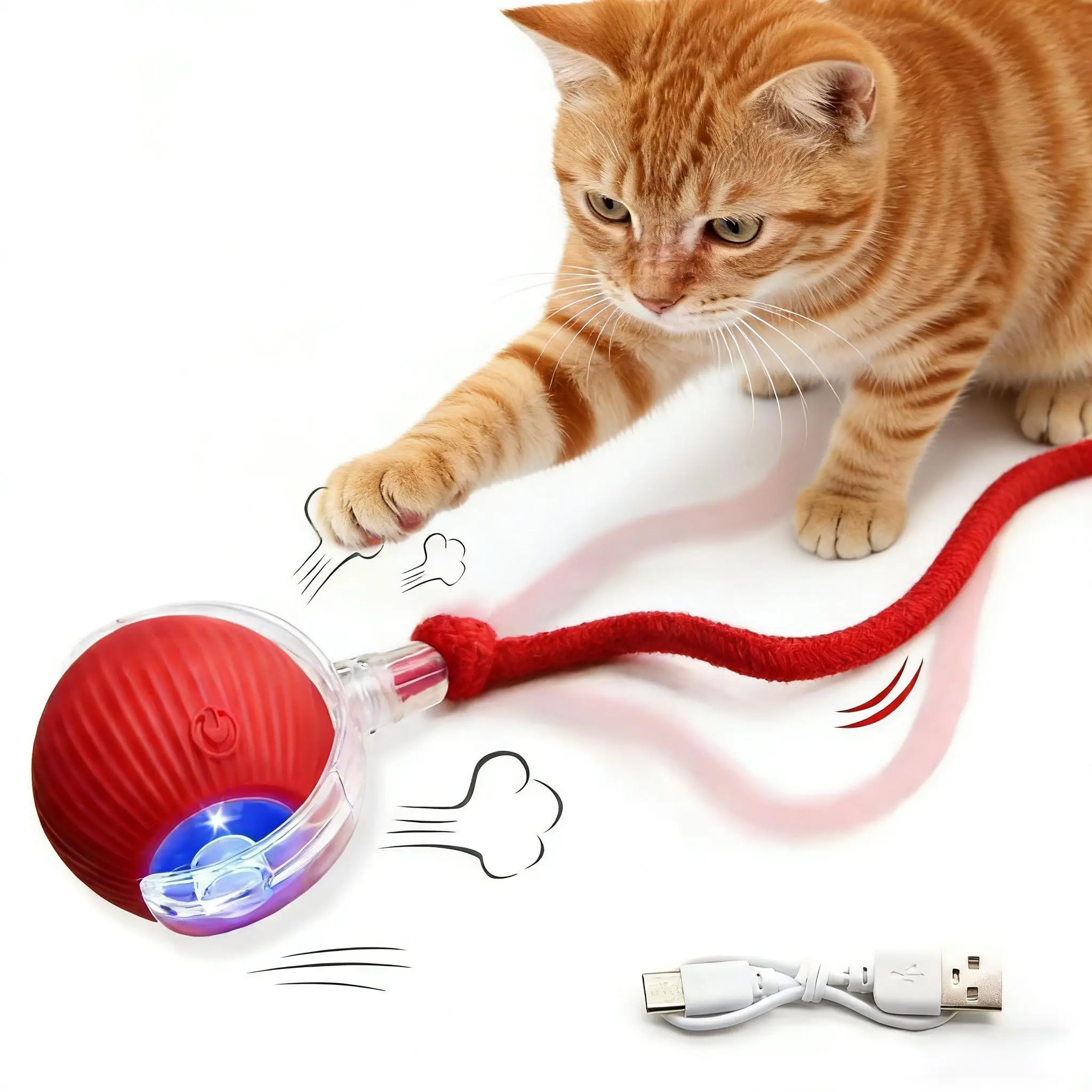 Smart Interactive Cat Toy Ball - Automatic Moving Motion Toy with LED Light, Rope & Realistic Bird Chirps, USB Rechargeable Boredom Buster for Indoor Cats & Small Dogs