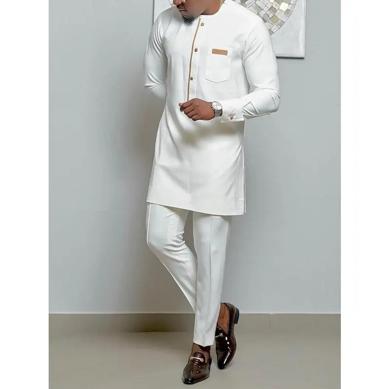 2 Pcs/Set White Dashiki for Men, Casual Long Sleeve Shirt and Pants Set with Brown Buttons Chest Pocket, African Menswear for Weddings Dates Cultural Activities Classic Clothes Outfit Stylish