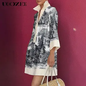 UOOZEE Women's 100% Polyester Long Sleeve Loose Printed Lapel Mini Dress Shirt Dress Summer Casual, Vacation Daily Multi-Occasion Wear