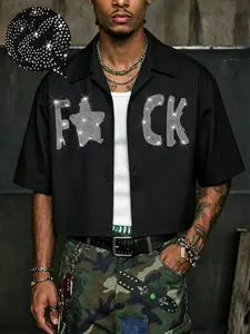 Men's Short Sleeve Button-Down Shirt, Rhinestone Pattern Decoration, Versatile Style, Hip Hop Streetwear, Summer Casual Essential