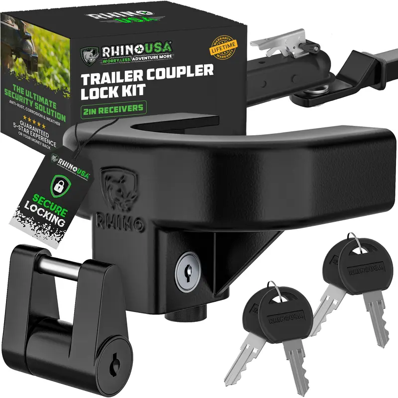 Rhino USA Trailer Hitch Coupler Lock Kit (Choose 2" or 2-5/16" Trailer) Heavy Duty Anti Theft Trailer Coupler Locks for RV, Camper, Trailer, Boat, Caravan - Reinforced Solid Steel Tow Lock for Trailer Tongue