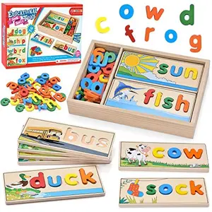 Atoylink Wooden Spell Learning Toys for 2 3 4 5 Year Old Kids Match Letter Spelling Game Board & Letters & Box, CVC Word Builder Toddler Educational Toy Kindergarten Preschool Learning Activities