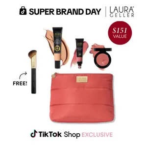 Laura Geller Good Skin SPF Kit (4PC) with SPF 50 Foundation, SPF 30 Shine n Shield Lip Balm, Wonder Balm, & Makeup Bag