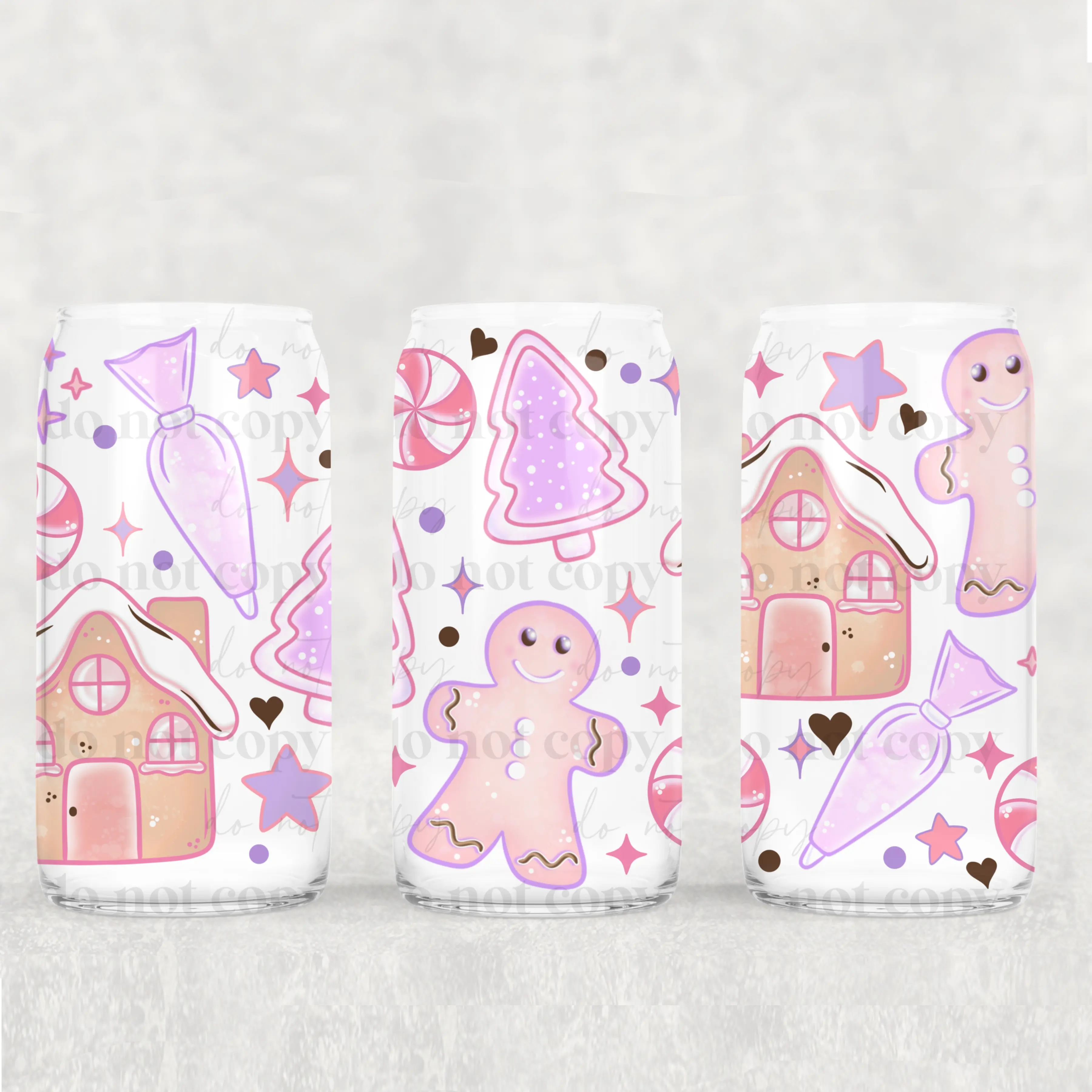 PASTEL GINGERBREAD glass cup with LID, Mug Tumblers Bamboo Drink ware Lid
