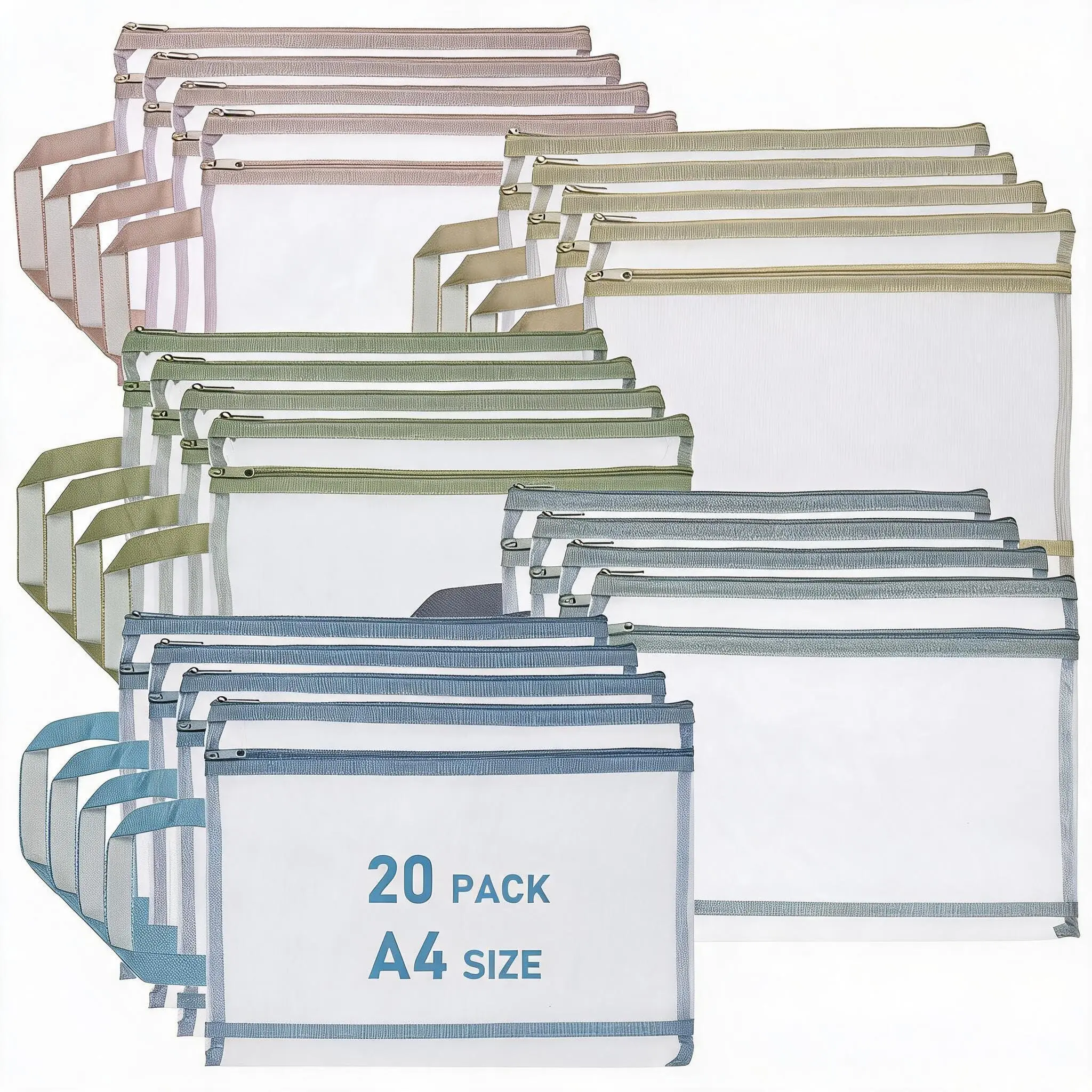 Durable Nylon Mesh Zipper File Bags with Handles – 20 Pack A4 Document Organizers – Transparent, Colorful muted Design for School & Office – Assorted 5 Colors – Size: 34×25cm, A4, muted