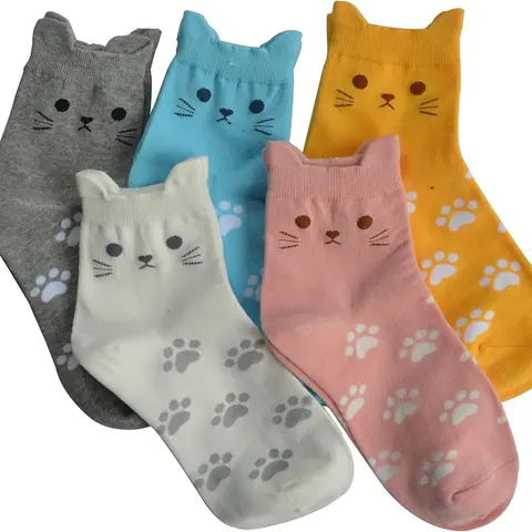 5 Pairs Women's Cat Socks Cute Animal Socks Dog Owl Gifts for Women Premium Cotton Comfortable Lightweight Moisture Wicking Standard Size US 5-8.5 Birthday Fit