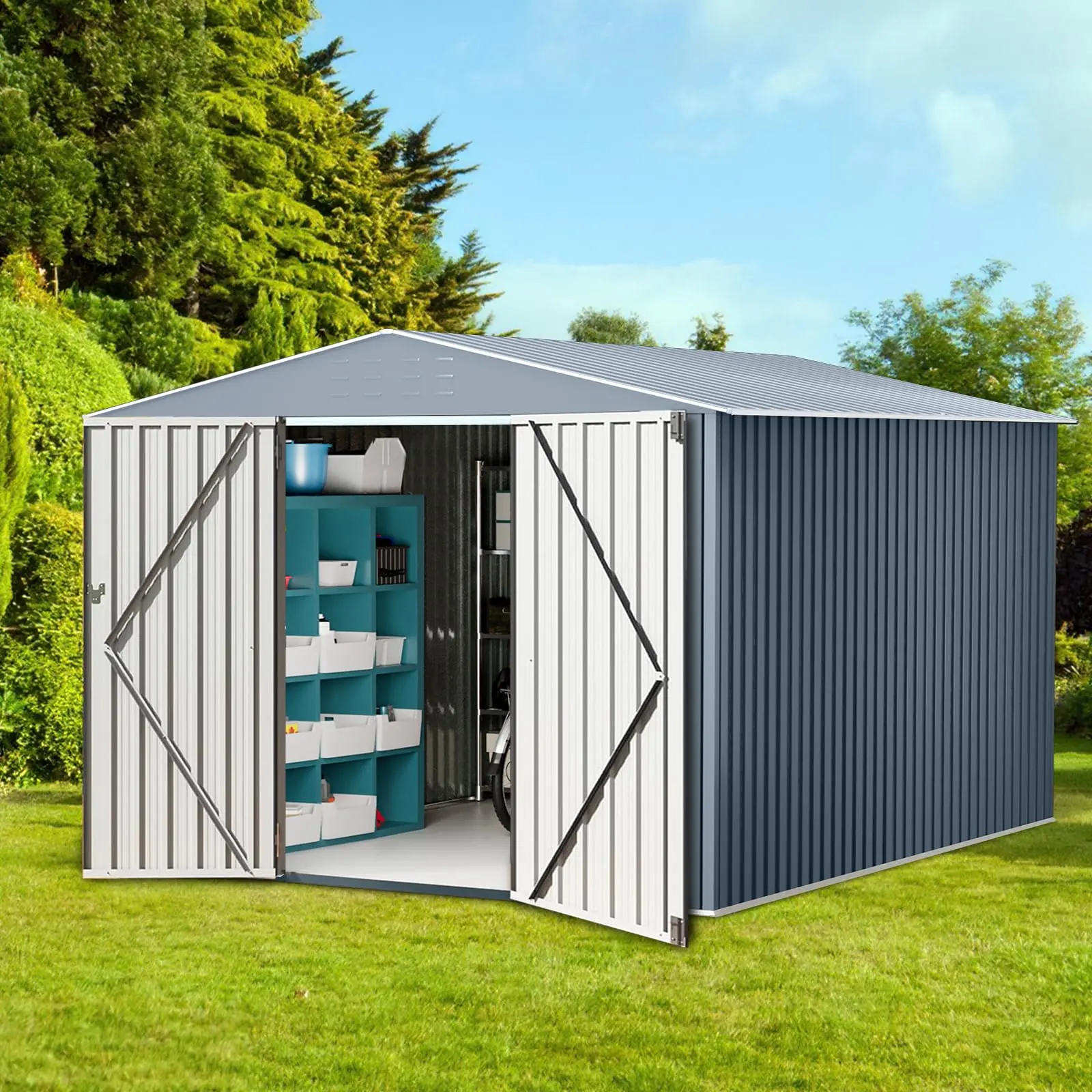 8x12FT Outdoor Storage Shed,Large Metal Garden Tool Shed with Sloped Roof,Lockable Door,and Air Vents,Outdoor Utility Shed for Backyard,Patio,Gray