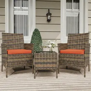 Gaomon 3-Piece Lightweight Weatherproof Rattan Patio Furniture Set, Modern 2-Seat Bistro Seating with 2 Chairs & Coffee Table for Garden, Backyard (Brown and Orange) - Porch Outdoor Furniture Set
