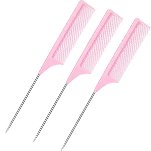 3 Packs 9 Inch Rat Tail Comb Carbon Fiber Heat Resistant Teasing Comb with Metal Pick Styling Parting Lightweight Sectioning Fine Tooth Combs for Women Girls