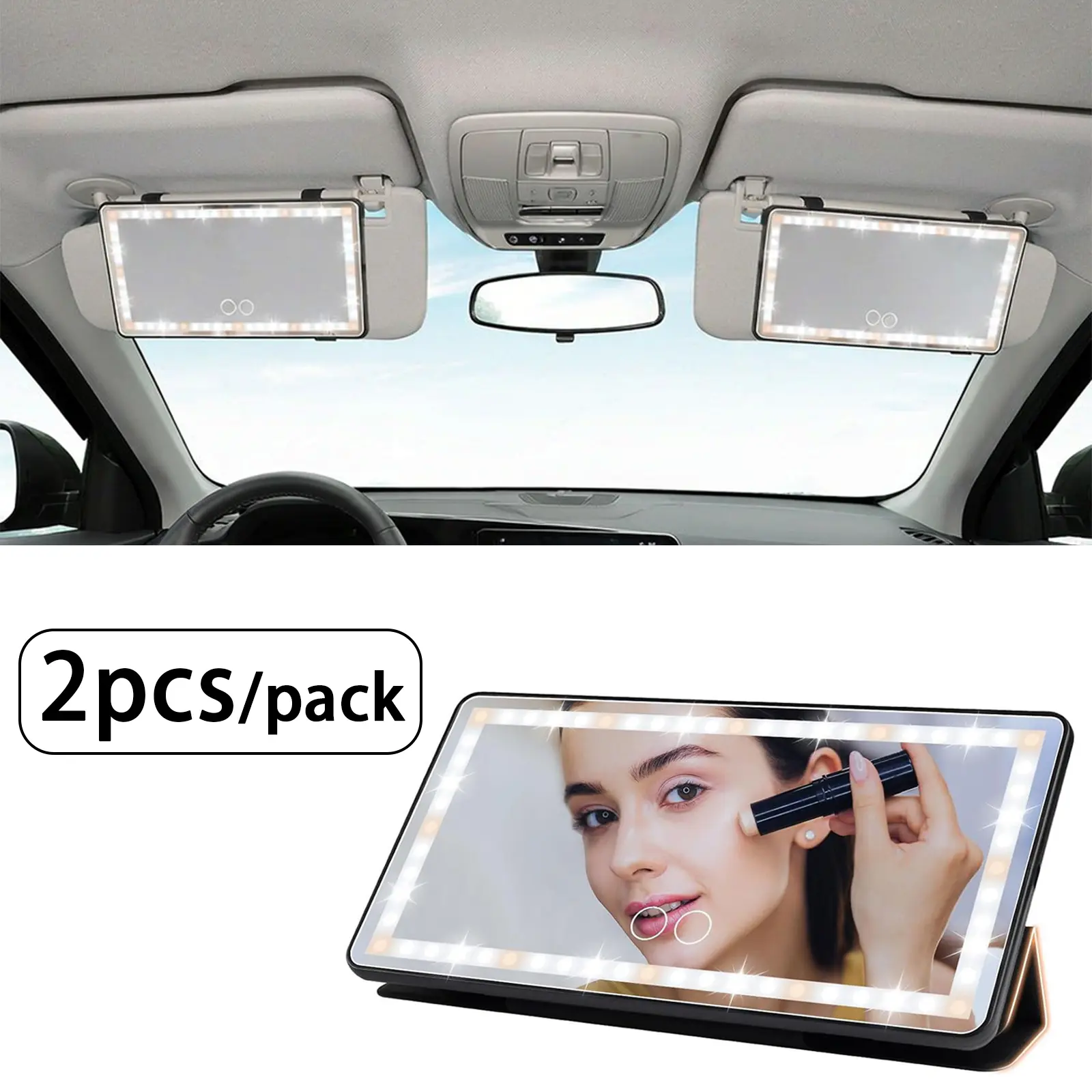 KUST 2pcs/set Car Sun Visor Vanity Mirror with Protective Cover, Elastic Bands, Type-C Rechargeable 2500mAh Lithium Battery, 60 Soft LED Lights, 3 Light Modes, Touch Control - Universal for Cars-SUVs-Trucks, Women’s Automotive Accessory