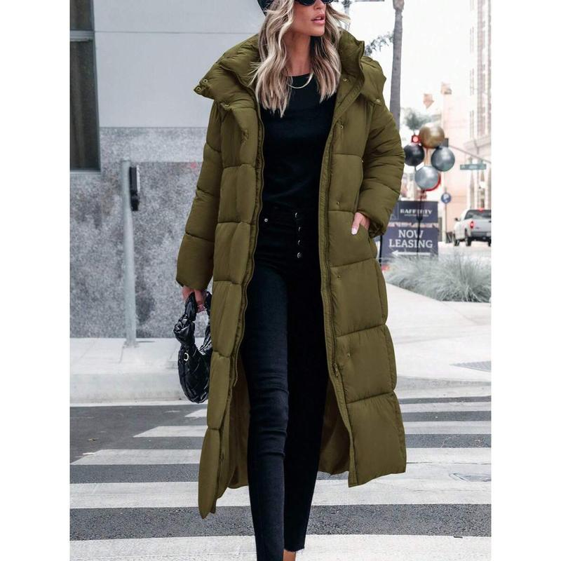 Women's Army Green Long Winter Coats Hooded Zip Up Casual Baggy Jackets Warm Clothes Outerwear Drawstring Fabric Fit Sleeve Daily Travel Basic Tops