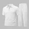 Male 2-Piece Solid-Color Waffle-Knit Athleisure Sportswear Set - Short-Sleeve Zip-Up Lapel Top, Matching Long Athletic Pants, Casual Sportswear, Breathable Mens Clothing Active Outfit